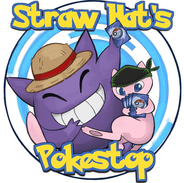 Straw Hat's Pokestop — Gengar in a straw hat and Mew holding trading cards